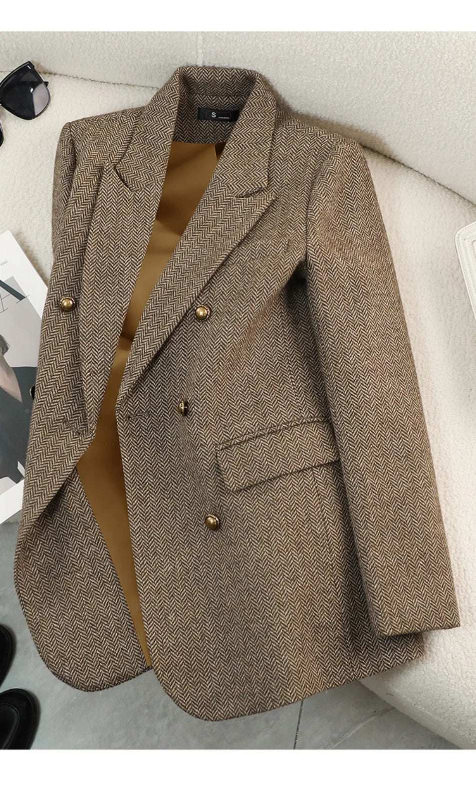 Fashion Grey Blazer Women Coffee Long Sleeve Casual Jacket for Autumn Winter Female Coats Double-Breasted Suit Women’s Clothing