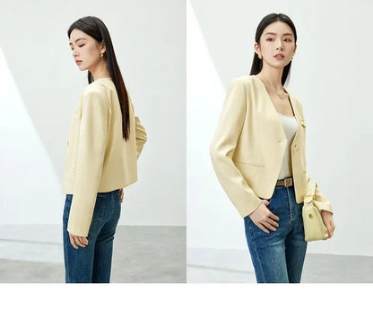 Women Cropped Blazer 2026 Autumn Loose One Button V Neck Jacket Ladies Straight Elegant Commuter Short Coat 141X53363