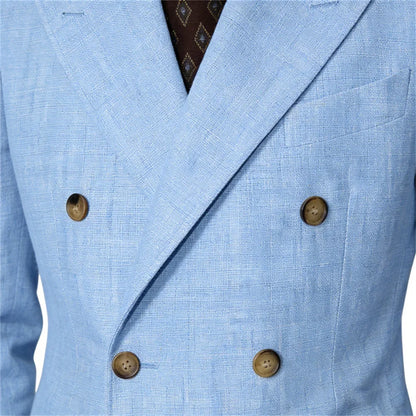 Men Linen Blazer Double Breasted Jacket Lightweight Soft Slim Coat For Business Wedding Casual Daily Party Vacation Dating