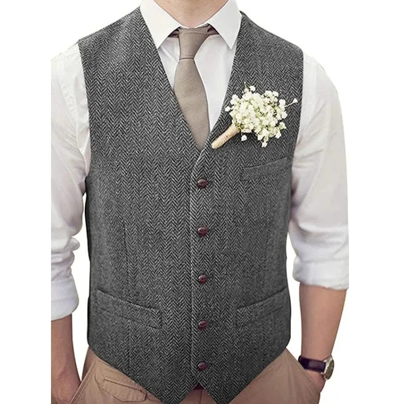 Men's Vest Herringbone V-Neck Single Button Waistcoat for Wedding, Business & Casual Wear