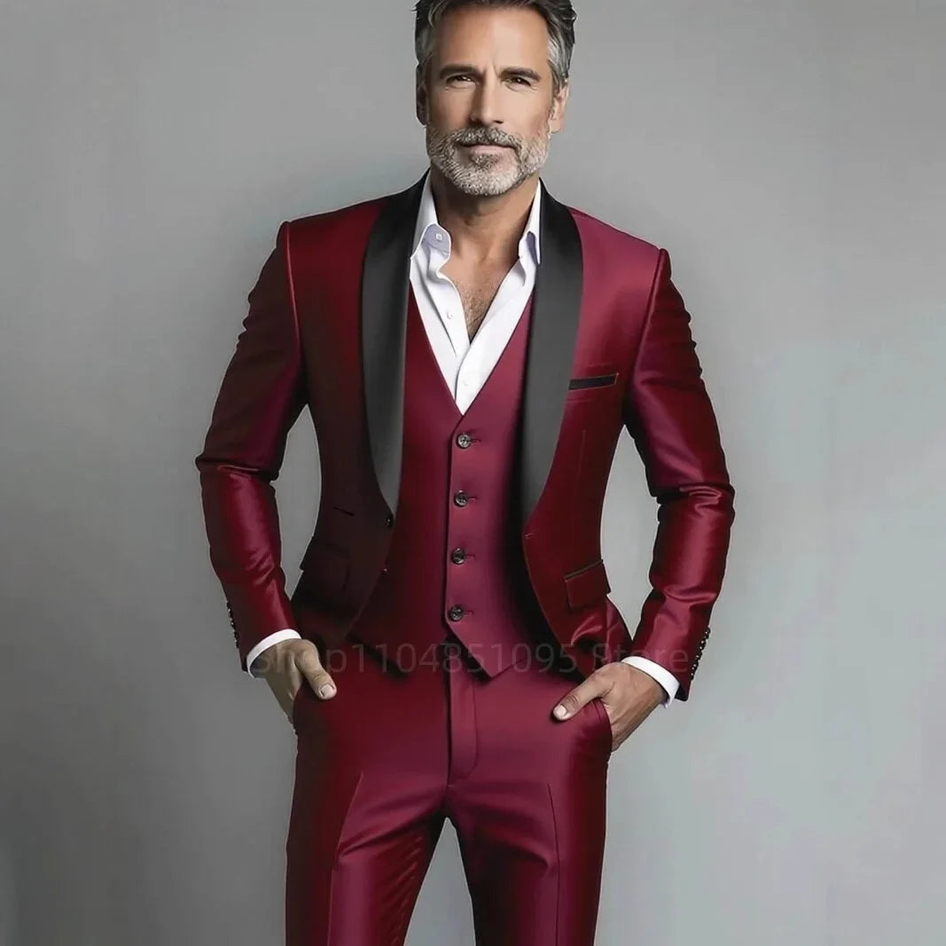 Classic Style 3 Piece Slim Fit Green Men Suit Groom Tuxedos Shawl Lapel Single Breasted Blazer Vest Pants Set Party Men Clothing
