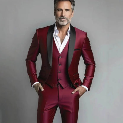 Classic Style 3 Piece Slim Fit Green Men Suit Groom Tuxedos Shawl Lapel Single Breasted Blazer Vest Pants Set Party Men Clothing