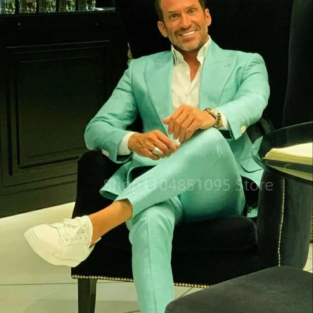 Mint Green 2 Piece Slim Fit Men Suits Groom Tuxedos Peak Lapel One Button Blazer Pants Sets Wedding Prom Business Costume Homme