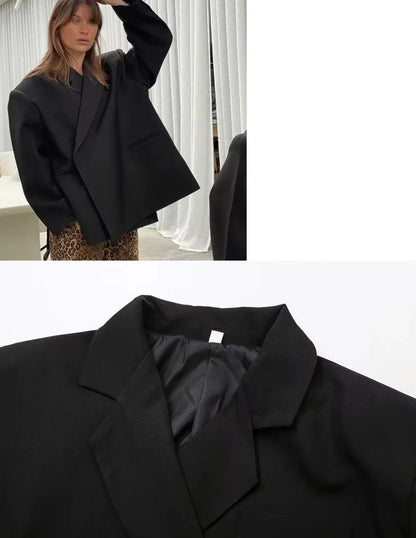 Cross-Border Women's Fashion Color Block Lapel Side Buttoned Suit Jacket Princess Style Loose Fit Long Sleeve Regular Length