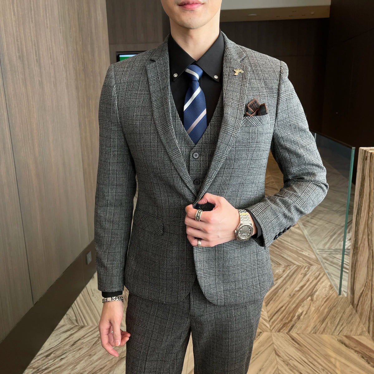 Ensemble costume trois pièces à carreaux modifié de haute qualité de style coréen britannique pour hommes - Gilet et pantalon de costume décontracté élégant