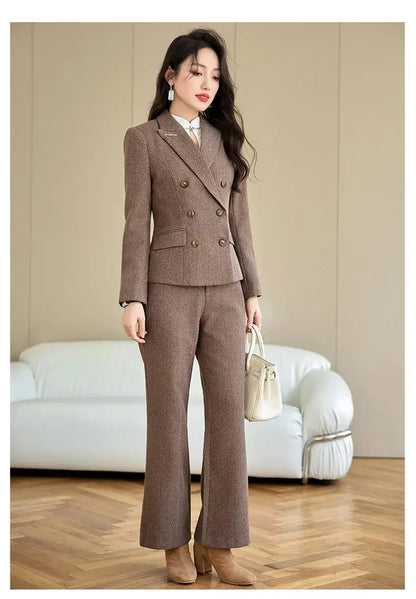 Elegant Lady Wide Leg Pant Sets for Women 2 Pieces Blazer Suit Double Breasted Jacket Trousers Outfit Female Autumn Winter