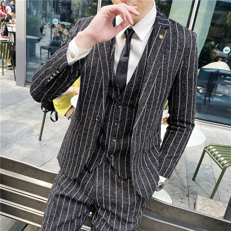 Men's 3-Piece Slim Fit Striped Plaid Suit Set with Vest and Trousers – Wedding & Business