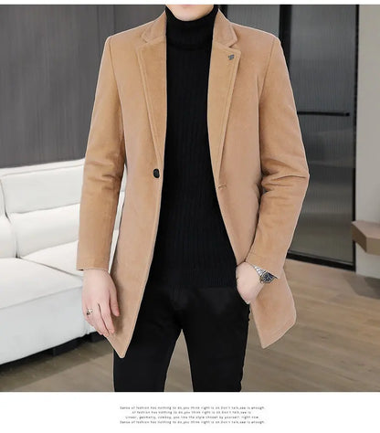 High-quality winter new style mid-length solid color men's fashionable and cool golden mink woolen trench coat with cotton