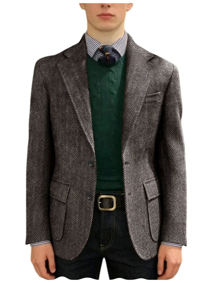 Men's Herringbone Tweed Blazer Classic Fit 2-Button Notch Lapel Flap Pockets Suit Jacket Casual Daily Business Men Sport Coat