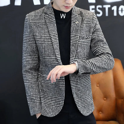 Men's Plaid Blazer Smart Casual Single Breasted Khaki Gray Autumn Office Jacket