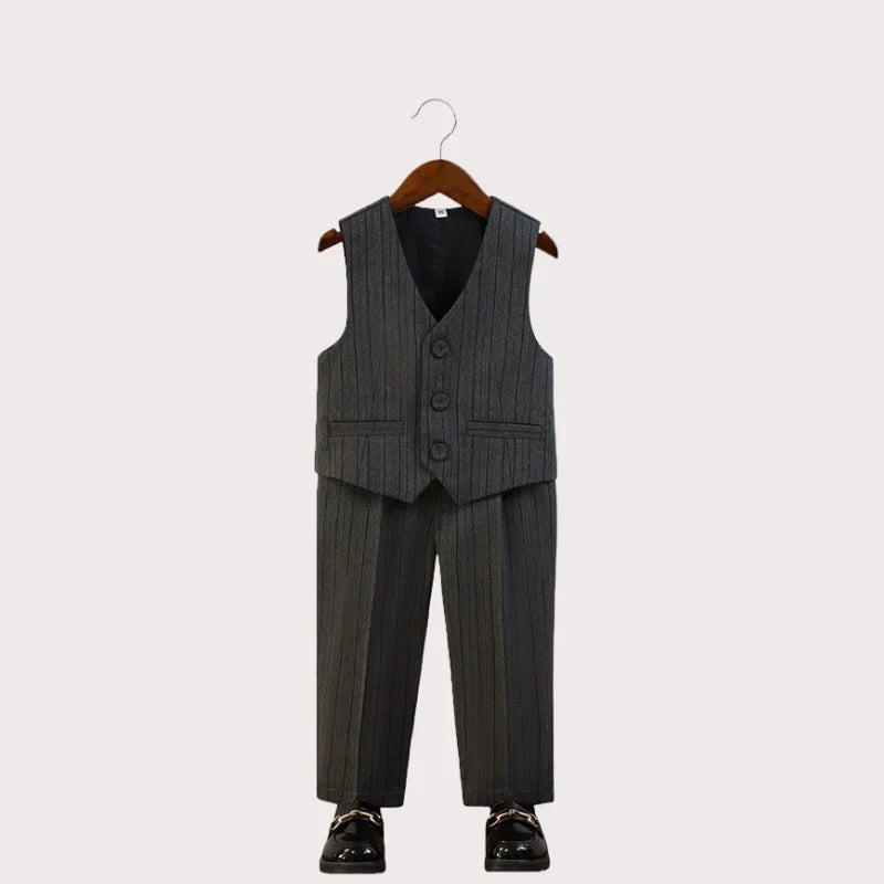 Kids Striped Suit Set Flower Boys Wedding Outfit Children's Jacket Vest Pants Bowtie Brooch 5Pieces Spring Autumn Clothes Set