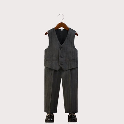 Kids Striped Suit Set Flower Boys Wedding Outfit Children's Jacket Vest Pants Bowtie Brooch 5Pieces Spring Autumn Clothes Set