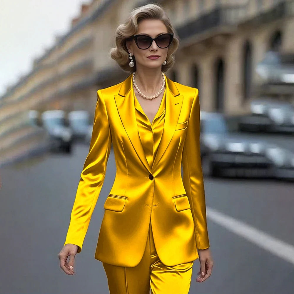 Women's Gold Satin Blazer Suit Set Stylish Single-Breasted Jacket+Pants Luxe Shiny Two-piece for Cocktail Party Wedding Guest