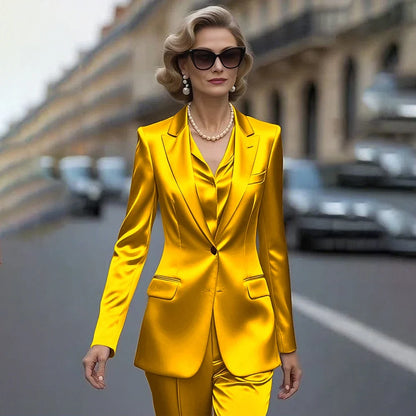 Women's Gold Satin Blazer Suit Set Stylish Single-Breasted Jacket+Pants Luxe Shiny Two-piece for Cocktail Party Wedding Guest
