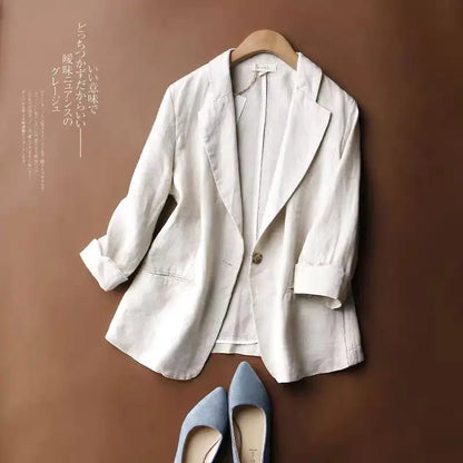 Women's Linen Blazer Loose Fit Single Button 3/4 Sleeve Lightweight Casual Suit Jacket