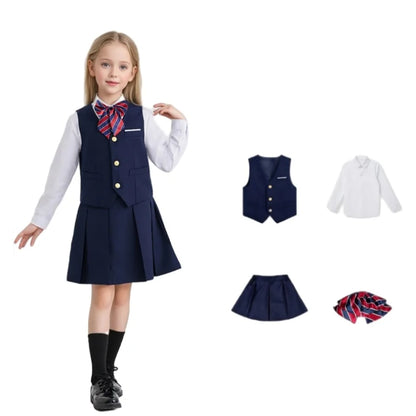 Boys Girls 4Pieces Suit Set Kids School Uniform With Vest Pants Shirts Tie Twins Birthday Piano Performance Costume