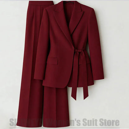 Elegant Women's Suit with Satin Peak Lapel Bow Tie Waist Blazer and Wide Leg Pants Business Wedding Party Tuxedo Two Piece