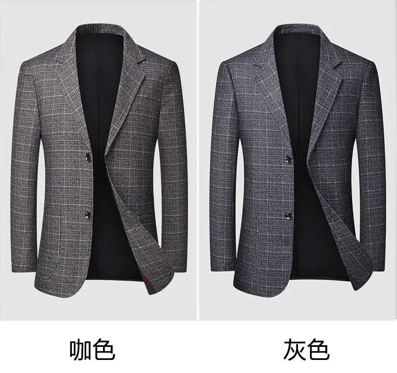 High-End Men's Fashionable Grid Suit Jacket Versatile Trendy Elderly Men's Single-Breasted Elegant Outerwear