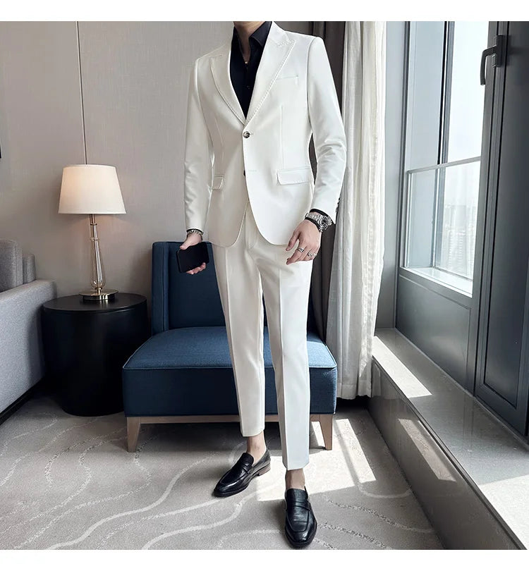 Jacket + Pants 2 Pieces Men's Elegant Fashion Slim Fit Suits Formal Business Wedding Tuxedos Casual Gentleman Solid Dress Suit