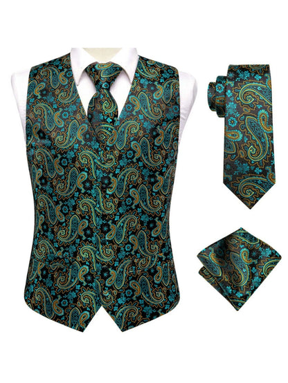 Men's Satin Jacquard Vest 3-Piece Set for Wedding & Banquet – Green
