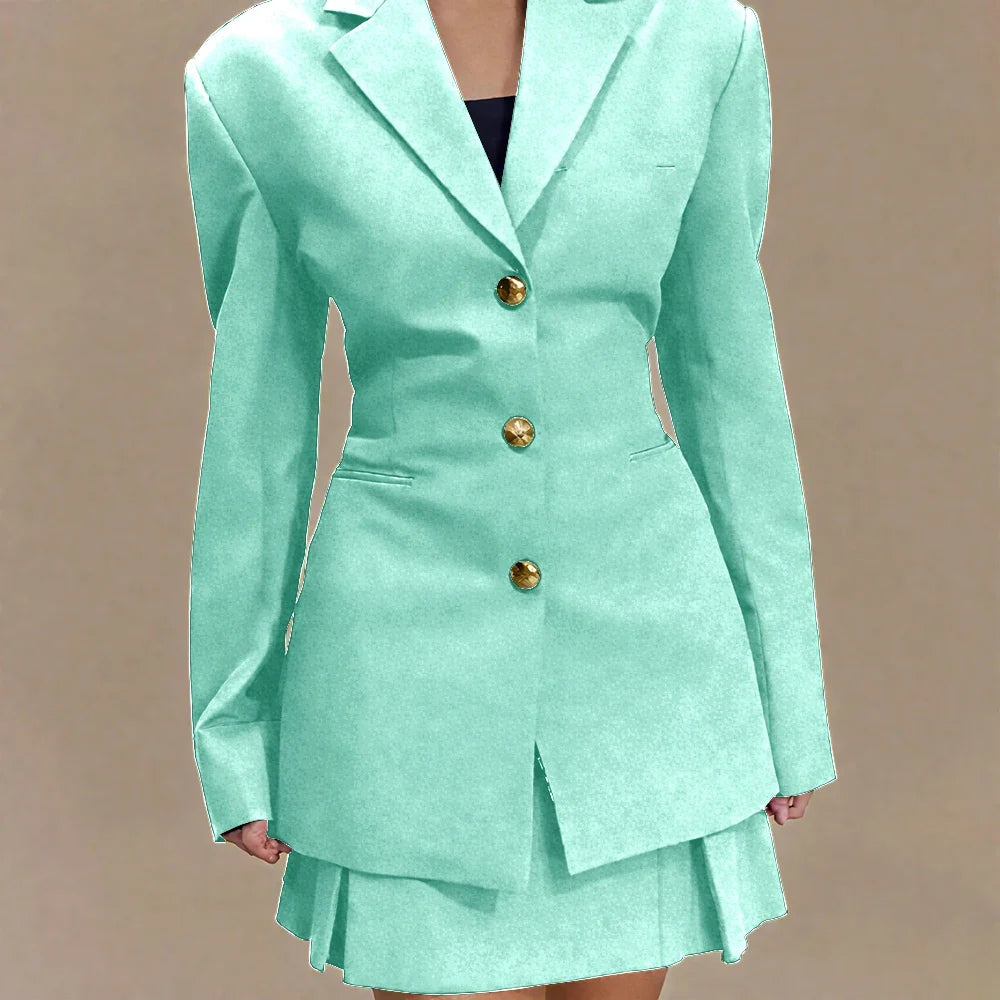Women's Pleated Skirt Suit Set 2025 2Pieces(Tailored Blazer&High Waist Skirt) Office Chic Single-breasted Notch Lapel Outfit