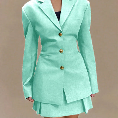 Women's Pleated Skirt Suit Set 2025 2Pieces(Tailored Blazer&High Waist Skirt) Office Chic Single-breasted Notch Lapel Outfit