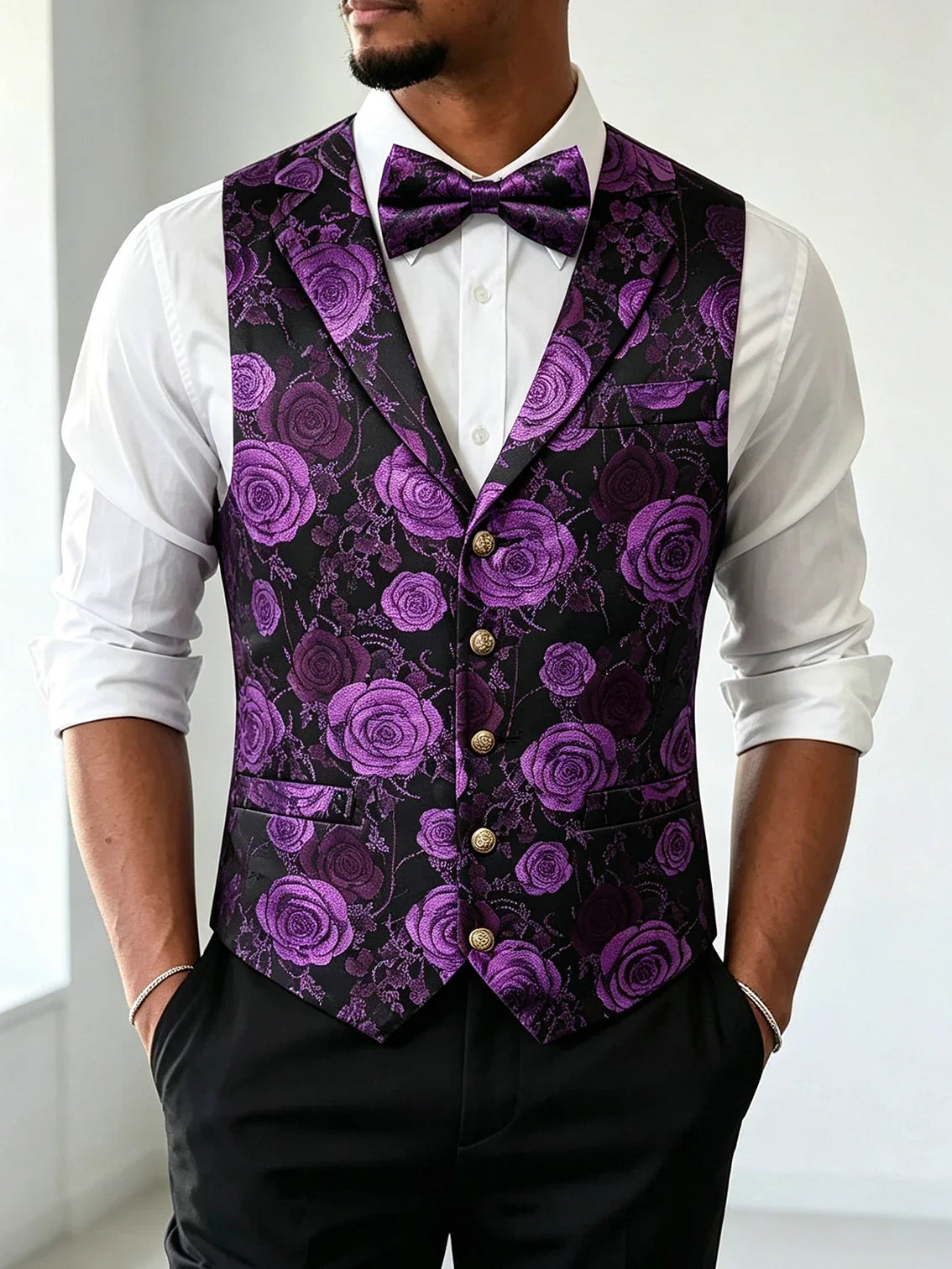 Men's Jacquard Floral Vest – Notched Lapel Waistcoat with Bowtie for Wedding & Formal Events