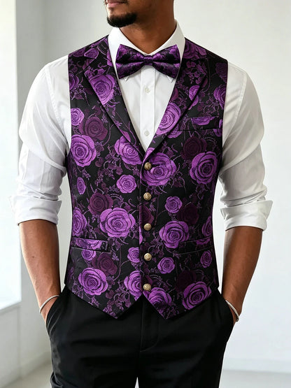 Men's Jacquard Floral Vest – Notched Lapel Waistcoat with Bowtie for Wedding & Formal Events