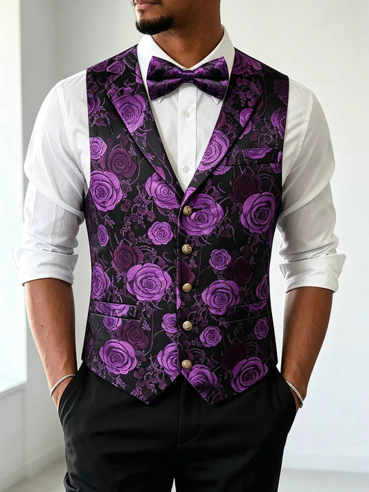 Men's Jacquard Floral Vest – Notched Lapel Waistcoat with Bowtie for Wedding & Formal Events