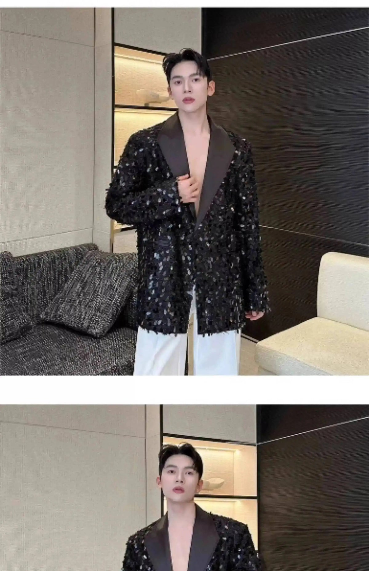 Design Patchwork Burr Original Casual Shoulder Pad Sequin Blazer Coat Men's 2025 Autumn Fashion Temperament Jacket JY7384