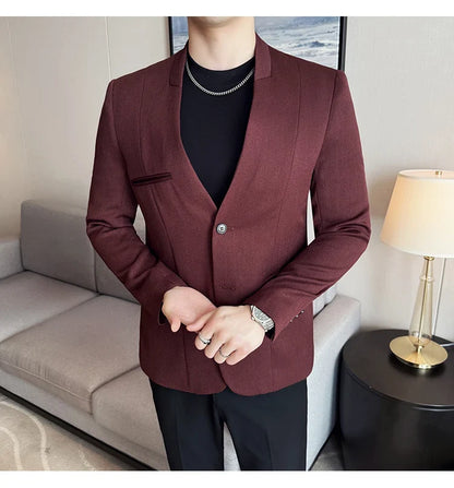 Chinese Style Collarless Suit Jacket Men Fashion Slim Fit Versatile Blazers Male Casual Business Wedding Groom Dress Jacket 2025