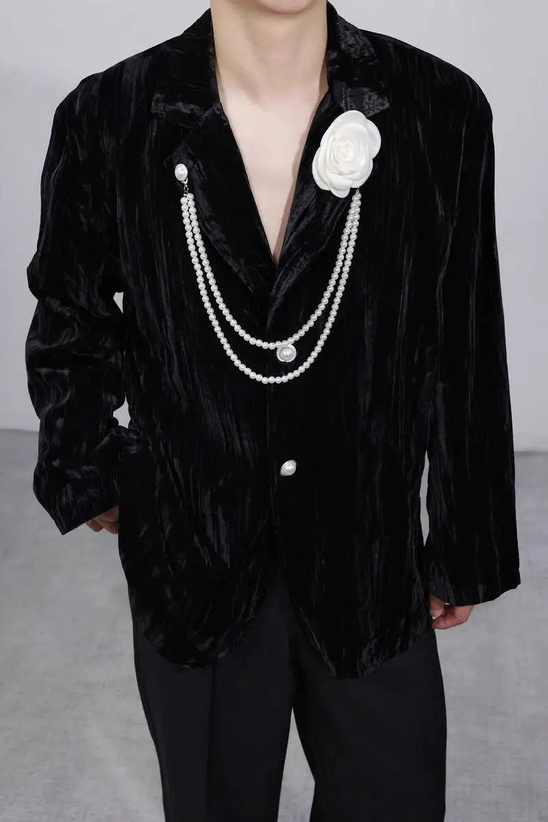 Luxury Elegant Handsome Blazer Coat Men's Original Niche Three-dimensional Pearl Chain Stylish Solid Color Jacket JY4431