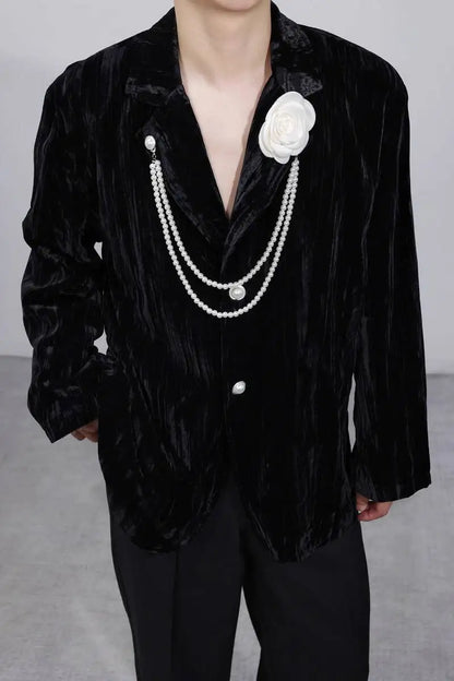 Luxury Elegant Handsome Blazer Coat Men's Original Niche Three-dimensional Pearl Chain Stylish Solid Color Jacket JY4431