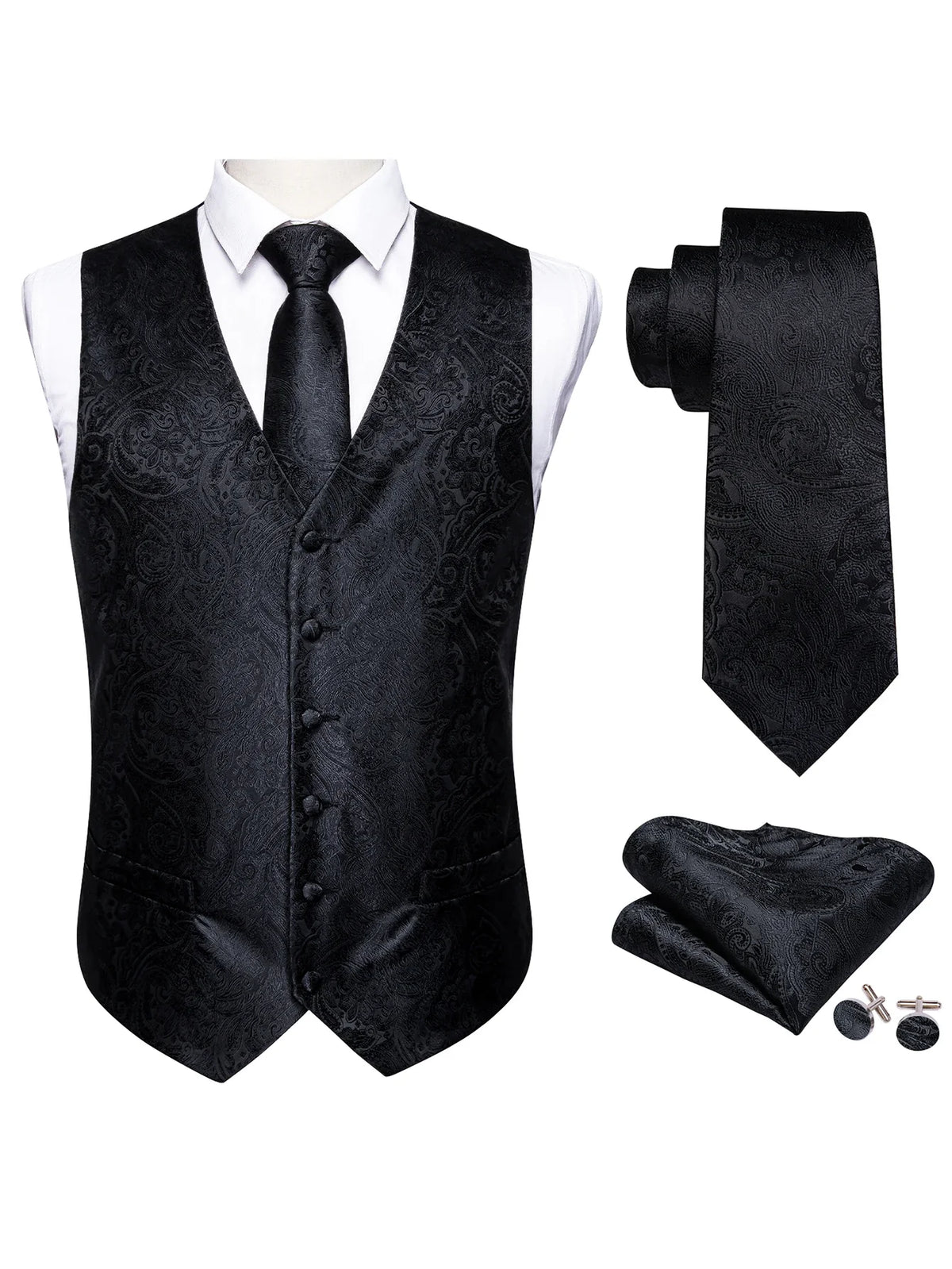 Men's Formal Vest Tie Set 4-Piece Paisley Jacquard Waistcoat for Men Wedding Business