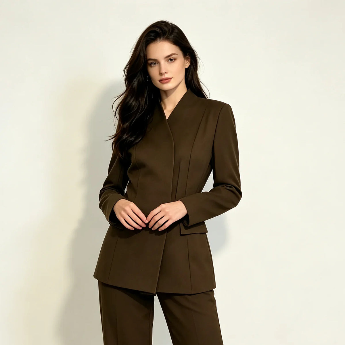 2026 New Women V Neck Blazer No Lapel Waist Shaping Suit Jacket Elegant Office Formal Outerwear 5 Colors