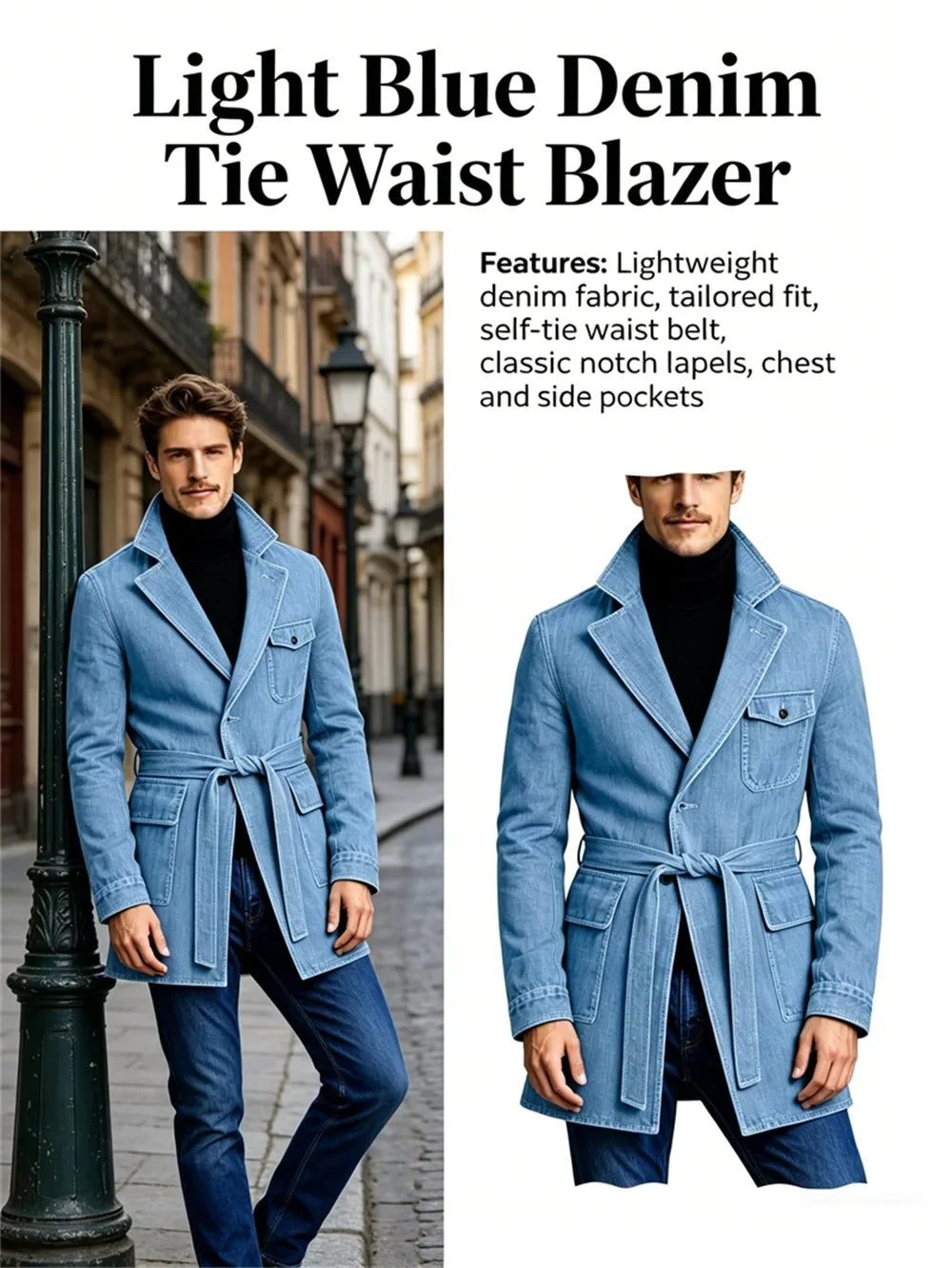 Men's Vintage Mid Length Belted Denim Trench Coat Notched Lapel Casual Workwear Outerwear Stylish Daily Streetwear Jacket