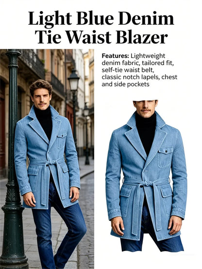Men's Vintage Mid Length Belted Denim Trench Coat Notched Lapel Casual Workwear Outerwear Stylish Daily Streetwear Jacket
