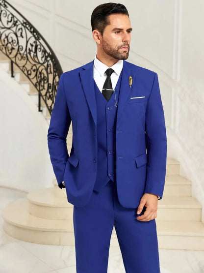 New Blue Men's Slim Fit Suits 3 Pieces Business Outfit Notched Lapel Formal Man Tuxedo Banquet Party Wear Plus Size Suit Set