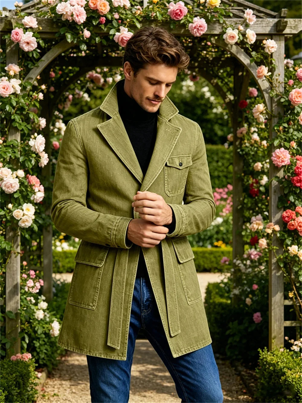 Men's Vintage Mid Length Belted Denim Trench Coat Notched Lapel Casual Workwear Outerwear Stylish Daily Streetwear Jacket