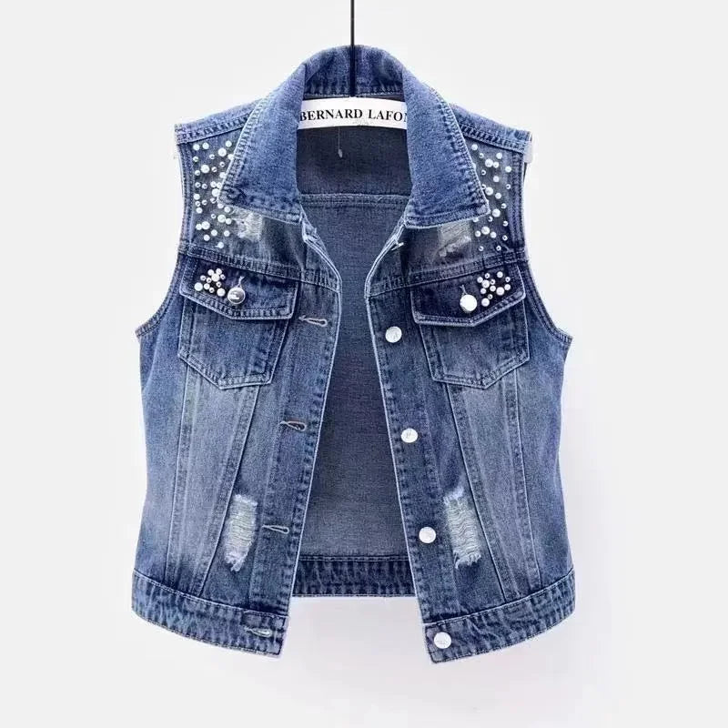 New Female Cowboy Vest Tops Coat Chinese Style Buckle Female Denim Waistcoat Jacket Ladies Cardigan Leisure Sleeveless Outerwear