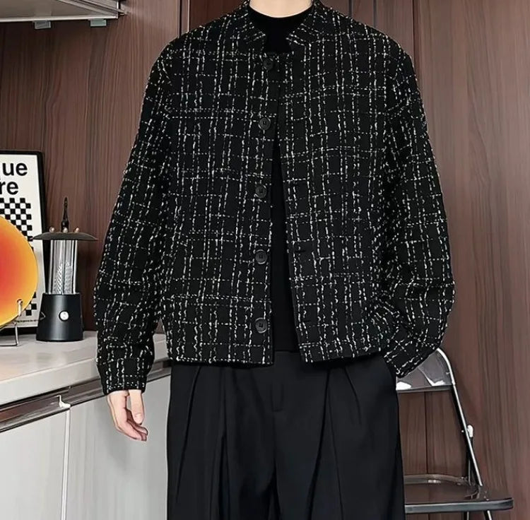 Men's Spring High-End Plaid Blazer Bad Boy Style Cropped Jacket Chinese Stand Collar Suit Outerwear