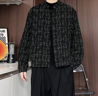 Men's Spring High-End Plaid Blazer Bad Boy Style Cropped Jacket Chinese Stand Collar Suit Outerwear
