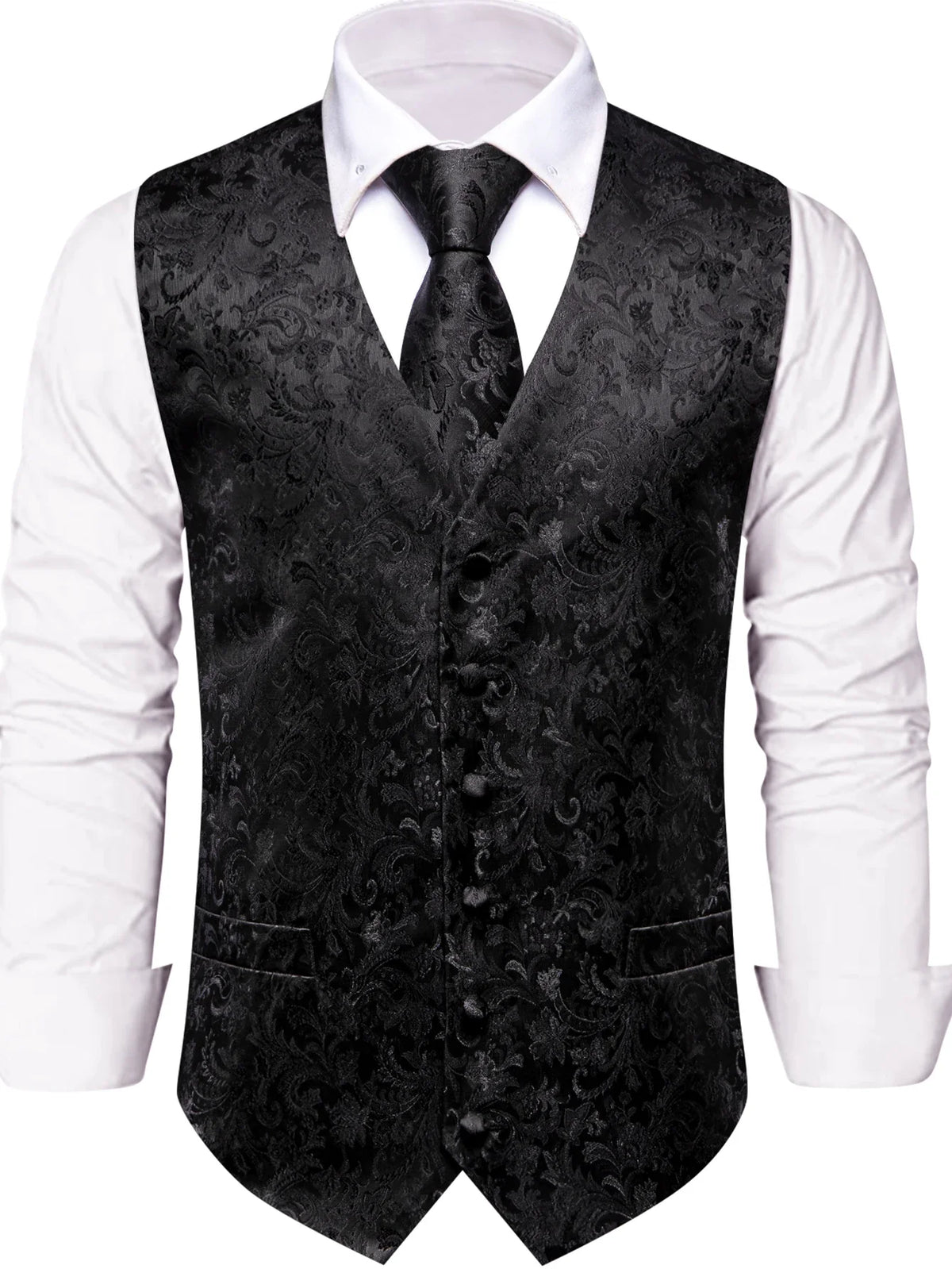 Men's Vest Suit Set Floral Paisley All Black Waistcoat with Tie Hanky Cufflinks for Wedding