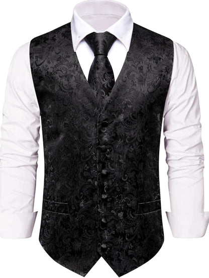 Men's Vest Suit Set Floral Paisley All Black Waistcoat with Tie Hanky Cufflinks for Wedding