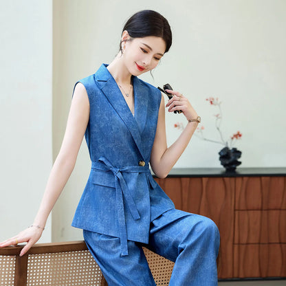 Comfortable 2026 Spring Suit Women's 2 Piece Suit Set Sleeveless Blazer Vest Wide Leg Pants Outfit Casual Office Workwear Dressy