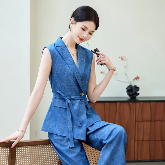 Comfortable 2026 Spring Suit Women's 2 Piece Suit Set Sleeveless Blazer Vest Wide Leg Pants Outfit Casual Office Workwear Dressy