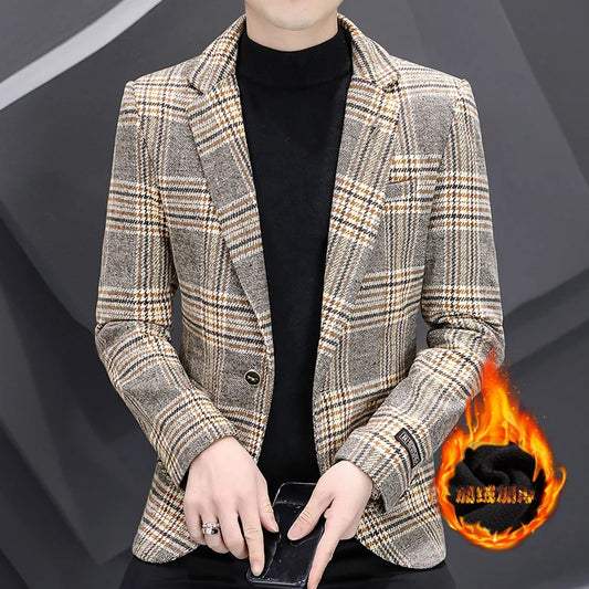 Men's Smart Casual Blazer – Autumn Winter Fleece Lined Single Breasted Suit Jacket