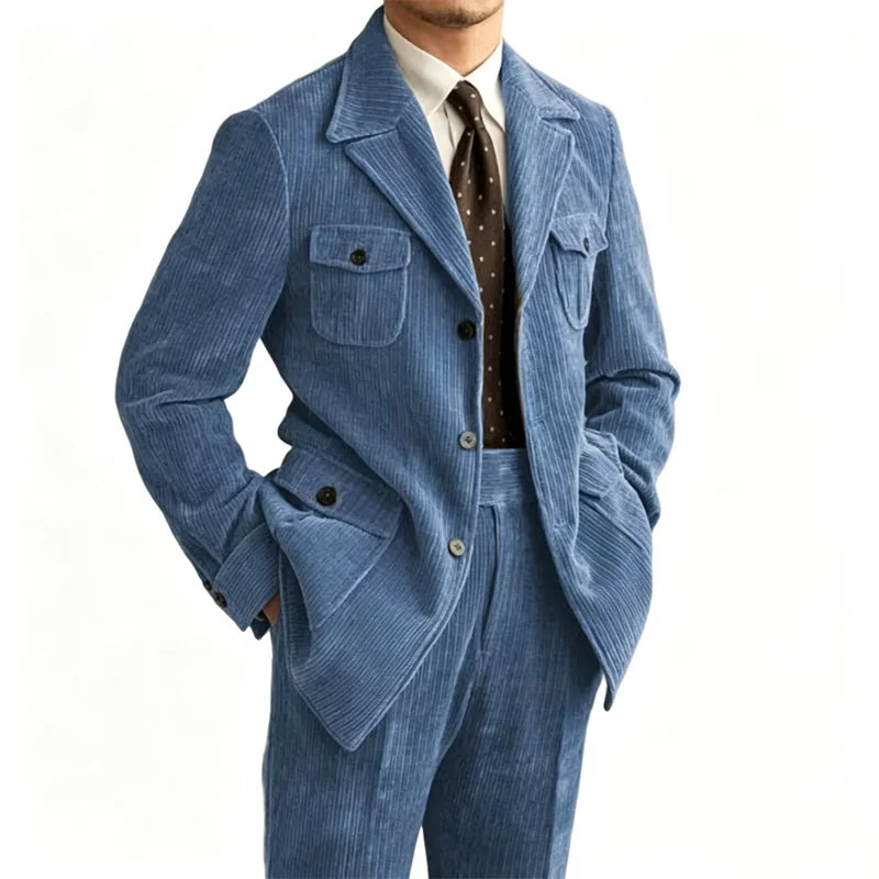 Men's Retro Corduroy 2 Pieces Suit Multi Flap Pockets Safari Blazer Matching Trousers For Formal Daily Party Wedding Business