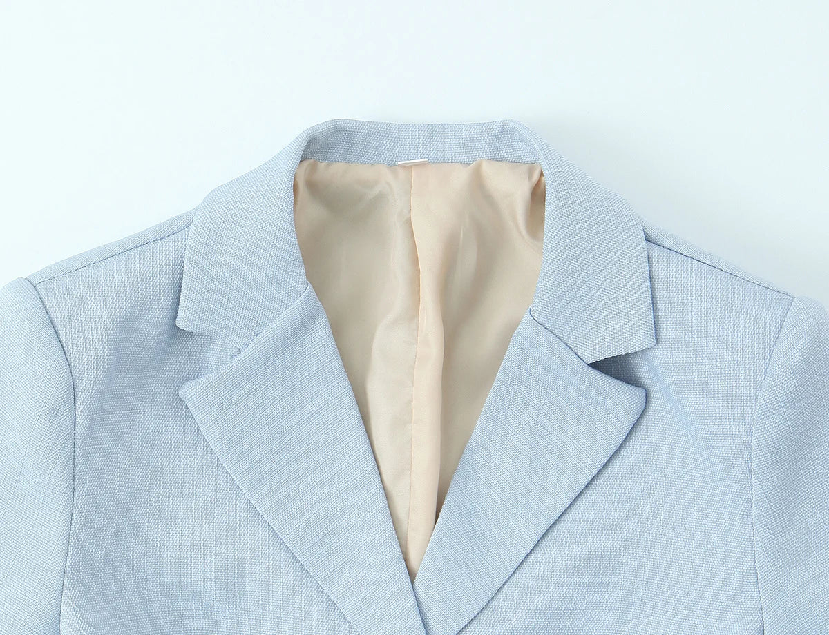 Spring Commuter Style Short Blue Suit Jacket Women's Fashionable Versatile Single Button Flip Collar Top Thin Long Sleeve