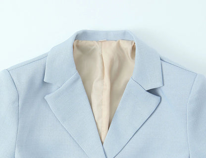 Spring Commuter Style Short Blue Suit Jacket Women's Fashionable Versatile Single Button Flip Collar Top Thin Long Sleeve